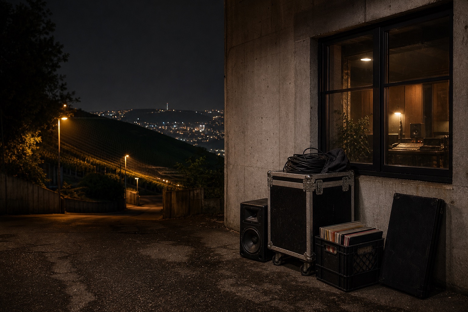 0711 night courtyard with music gear outside a studio