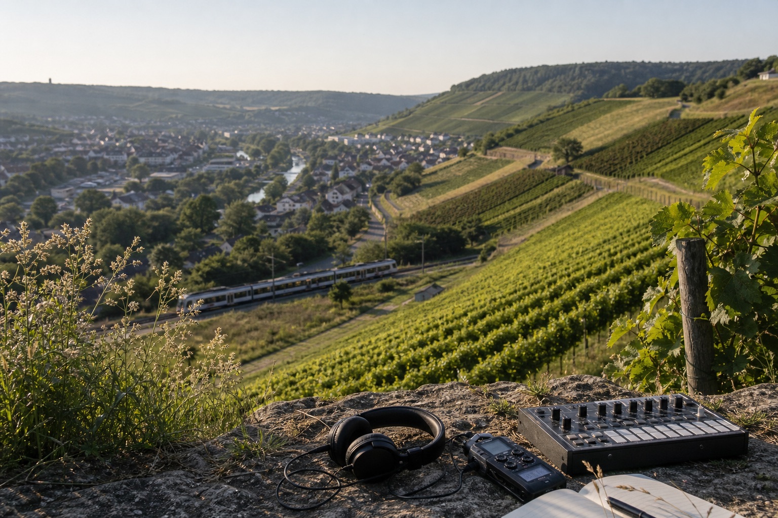 Remstal vineyard hills with headphones and music equipment